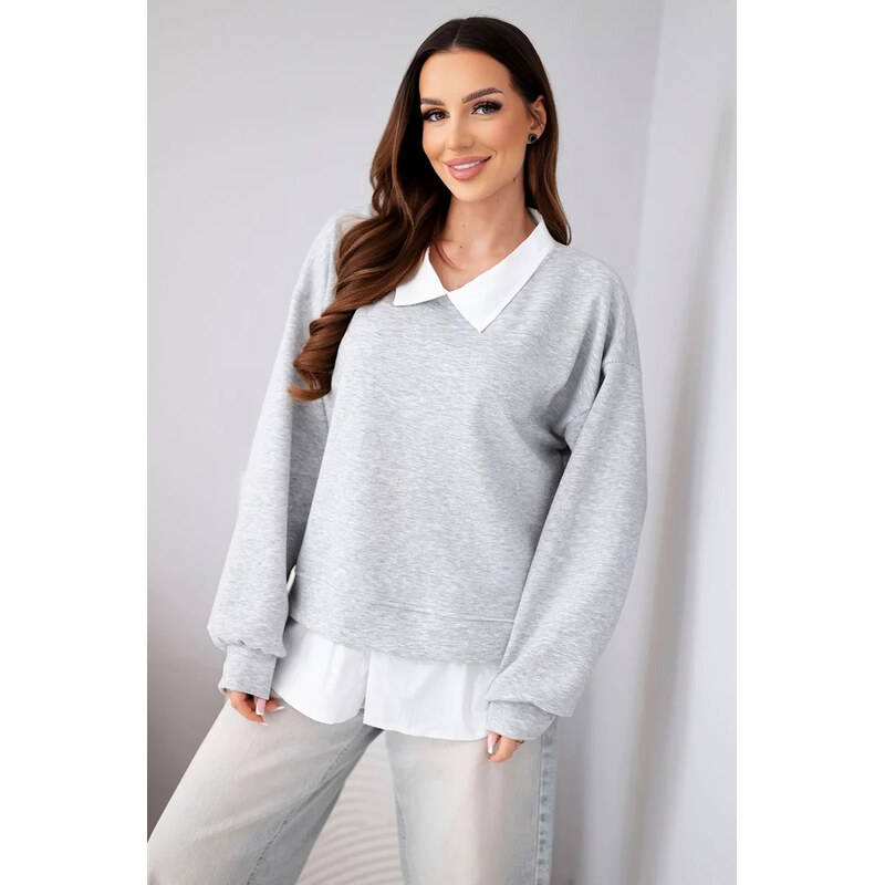 K-Fashion Dámska maslová viskózna mikina s košeľovou vložkou sivá 67824577