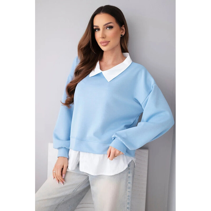 K-Fashion Dámska maslová viskózna mikina s košeľovou vložkou modrá 67824571