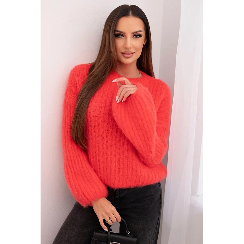 MladaModa Sveter z mohéru s nadýchanými rukávmi model 1898 koralový 67282483