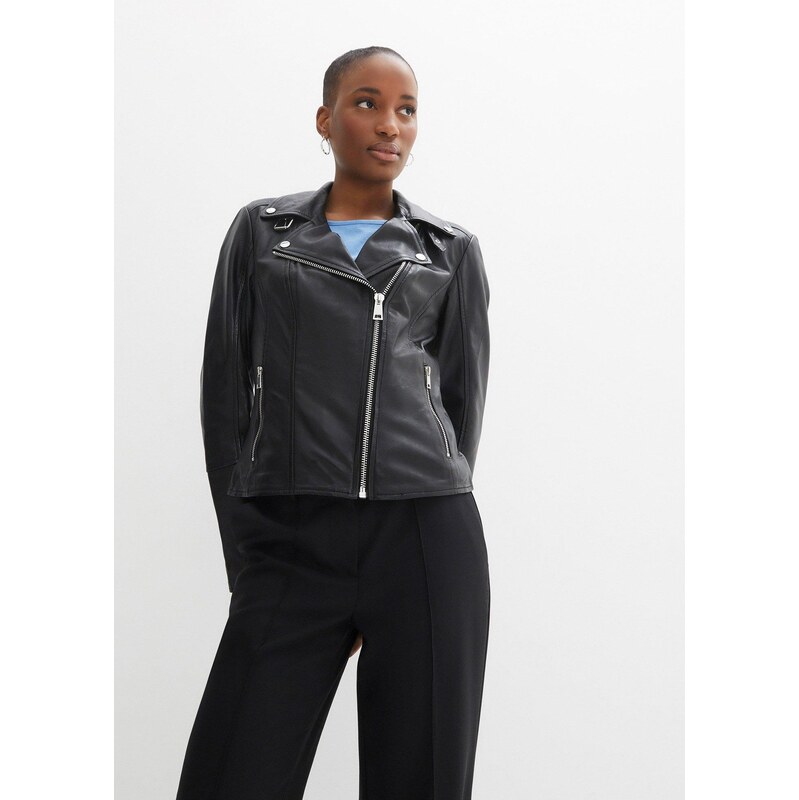 bonprix Kožená motorkárska bunda z jahňacej nappa kože, farba čierna 49697412