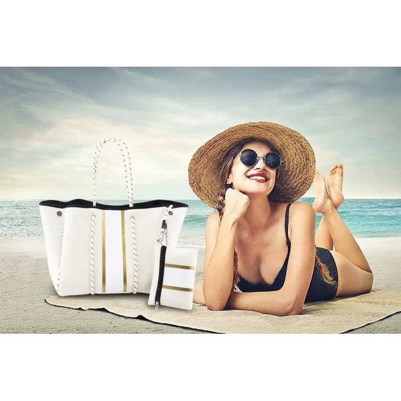 KONO Neoprenová dámska plážová taška vodeodolná bielo-zlatá JG055 44604243