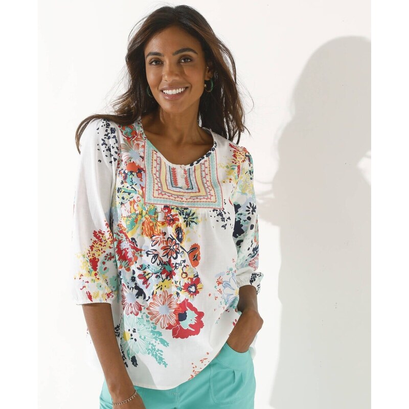 Blúzka s výšivkou a kvetinovou potlačou biela/zelená 052 Blancheporte 62211616