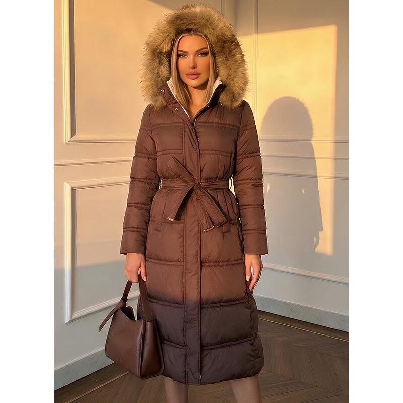 Due Linee Dámská delší bunda s mývalovcem tmavě hnědá 65628071