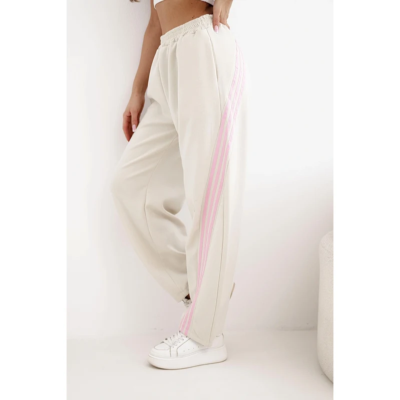 Kesi Włoski Kesi dámske viskózové nohavice s pruhmi béžové 67864476