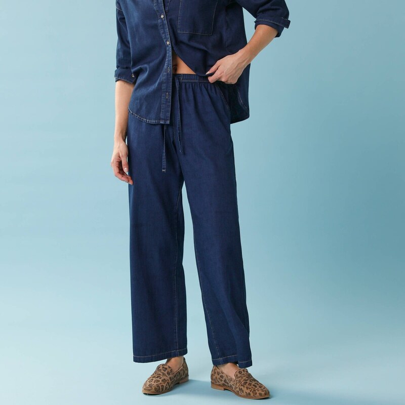 Široké nohavice z tenkého denimu, pre nižšiu postavu tmavomodrá 036 67866725