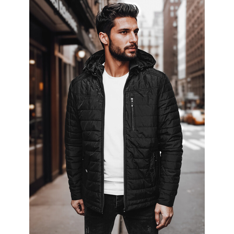 Pánska prechodná prešívaná bunda s kapucňou čierna FashionStreet 67871655