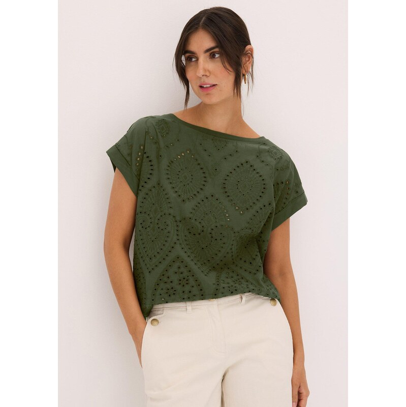 bonprix Tričko s dierkovanou čipkou, farba zelená 63704208