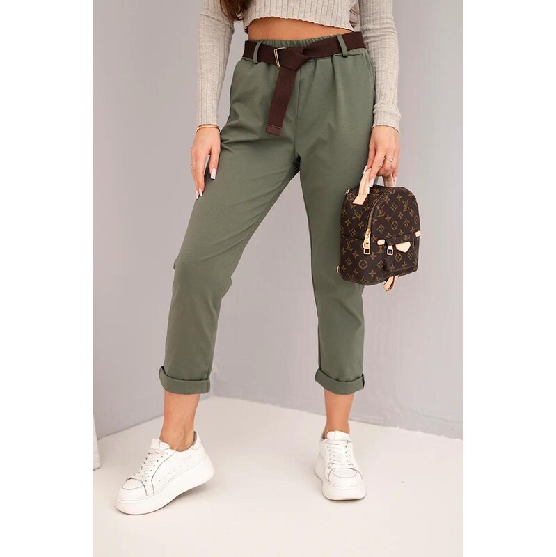 MladaModa Bavlnené nohavice s opaskom model 62296 farba khaki 67878314