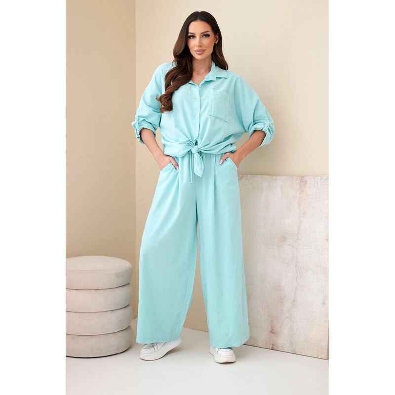 MladaModa Bavlnený komplet s viazanou košeľou a širokými nohavicami 67907961