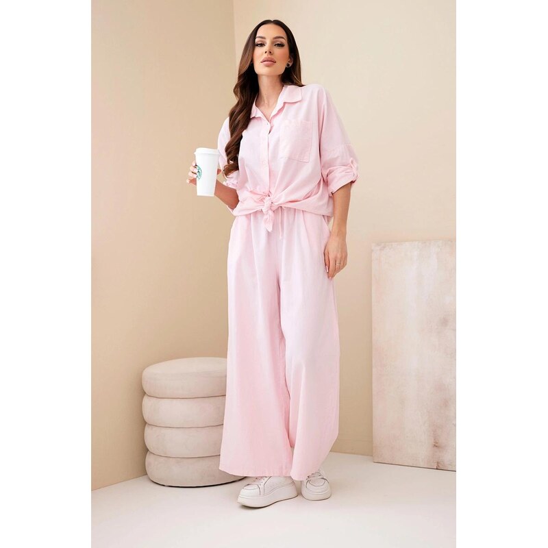 MladaModa Bavlnený komplet s viazanou košeľou a širokými nohavicami 67907962