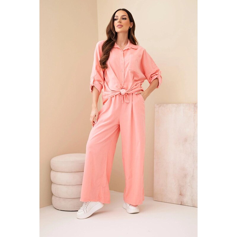 MladaModa Bavlnený komplet s viazanou košeľou a širokými nohavicami 67907963