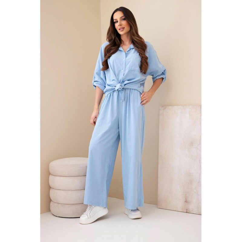 MladaModa Bavlnený komplet s viazanou košeľou a širokými nohavicami 67907964