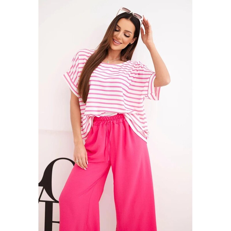 MladaModa Viskózový komplet s pruhovanou blúzkou a širokými nohavicami 67908023