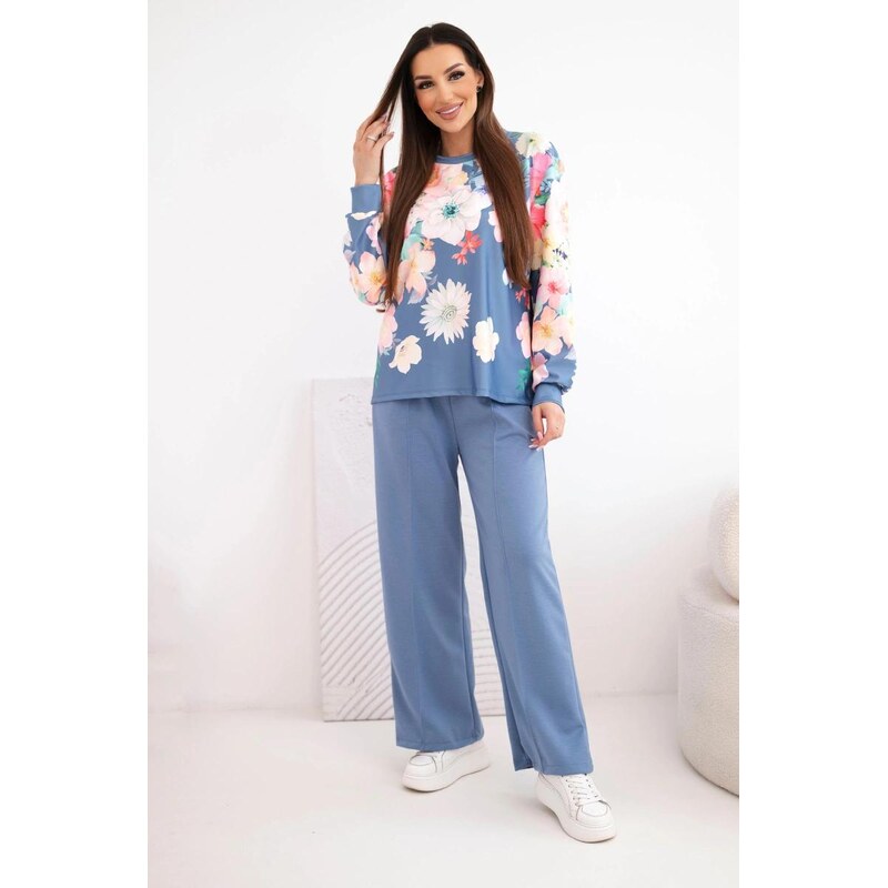 MladaModa Viskózový komplet s kvetinovým vzorom so širokými nohavicami 67908137