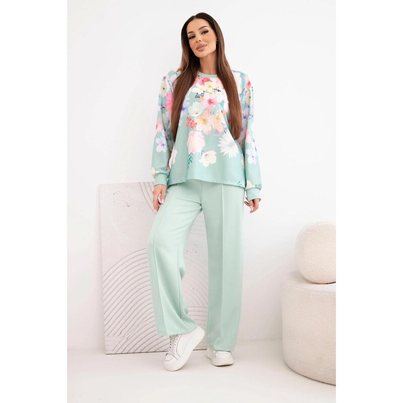 MladaModa Viskózový komplet s kvetinovým vzorom so širokými nohavicami 67908139