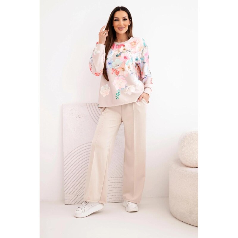 MladaModa Viskózový komplet s kvetinovým vzorom so širokými nohavicami 67908140