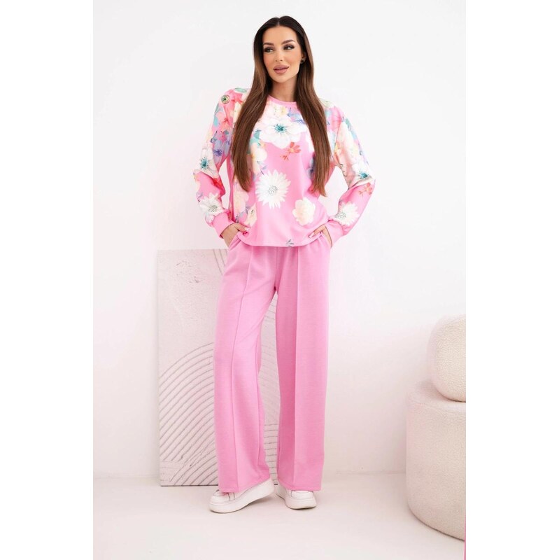 MladaModa Viskózový komplet s kvetinovým vzorom so širokými nohavicami 67908142