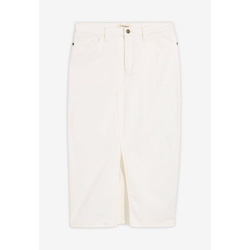 bonprix Džínsová sukňa v midi dĺžke, farba biela 67863019