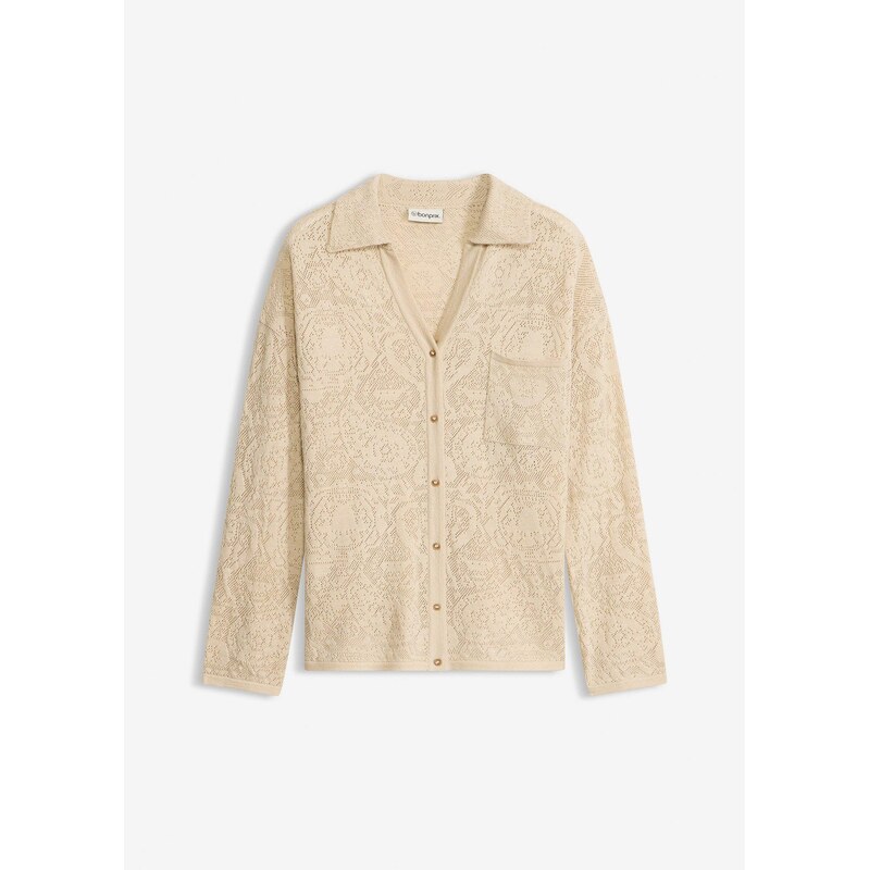 bonprix Pletený sveter, ažúrový, s lesklým vláknom, farba béžová 67879603