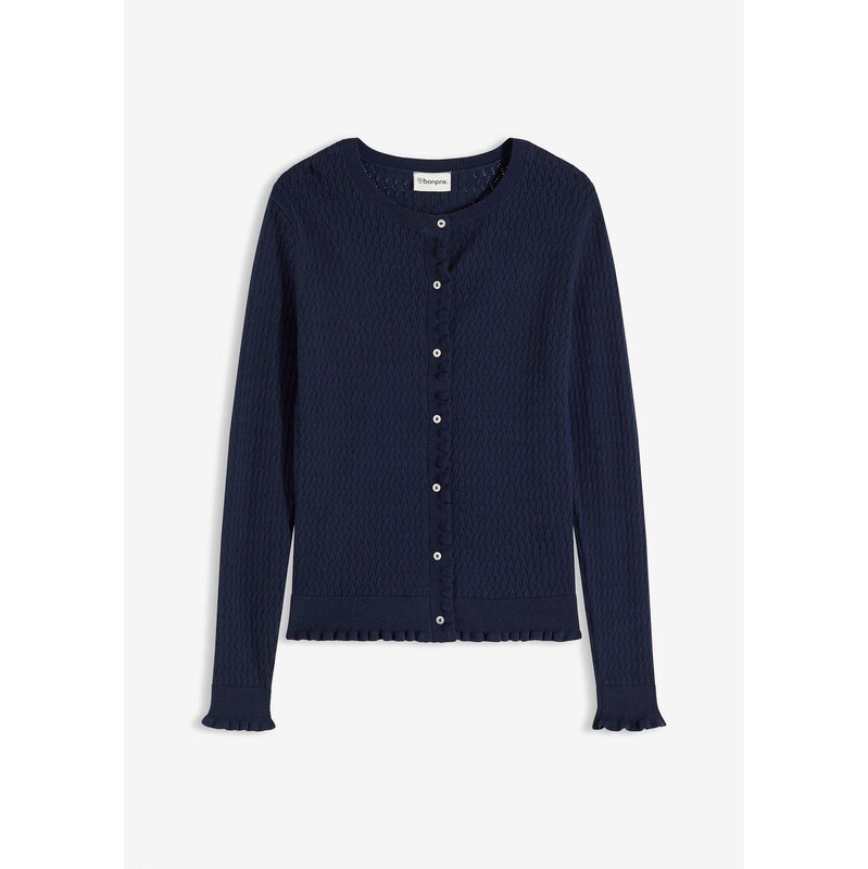 bonprix Ažúrový pletený sveter z bavlneného mixu, farba modrá 67879608