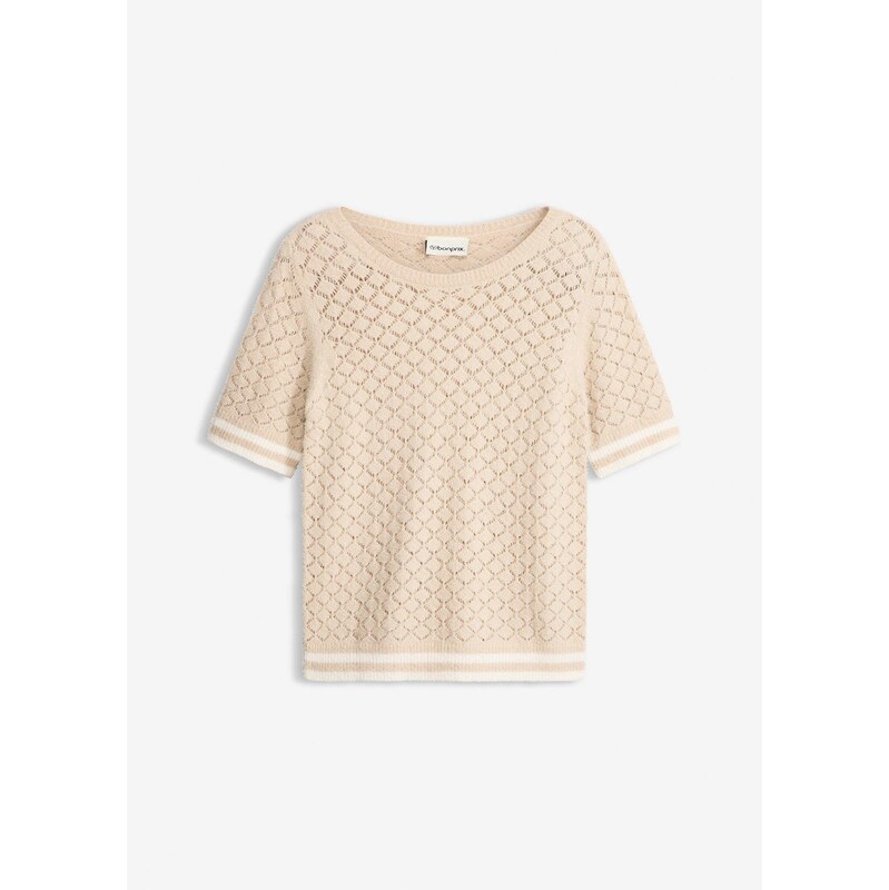 bonprix Ažúrový pulóver s ozdobnými vláknami, farba béžová 67879613