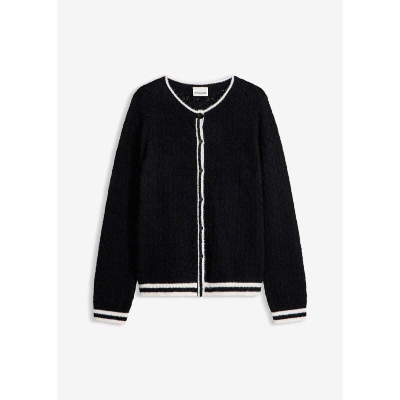 bonprix Ažúrový pulóver s ozdobnými vláknami, farba čierna 67879605