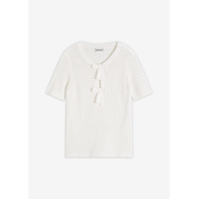 bonprix Ažúrový pulóver z bavlneného mixu, farba biela 67879609