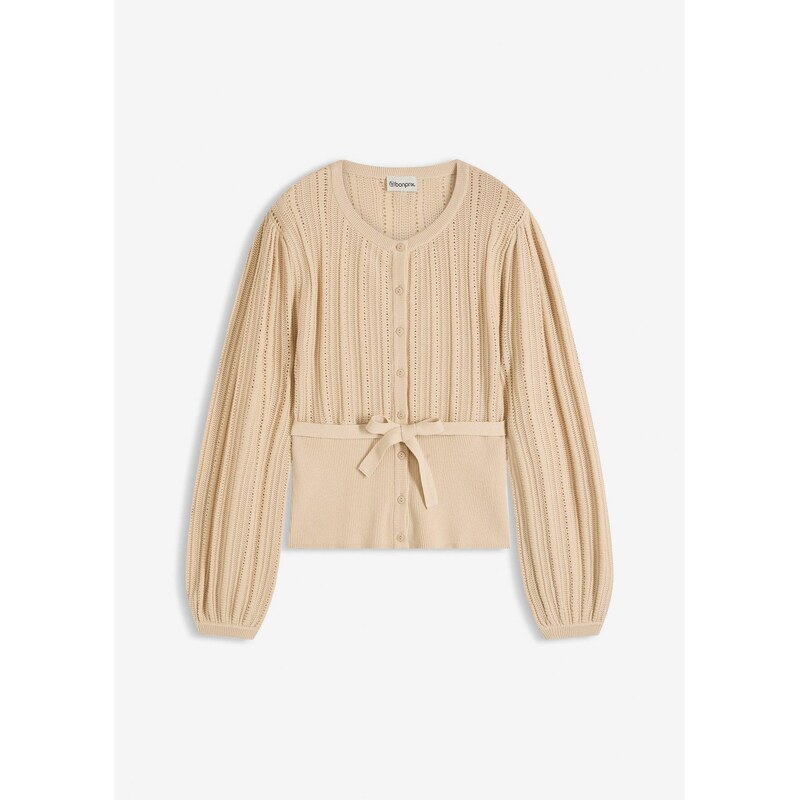 bonprix Ažúrový pulóver z bavlneného mixu, farba béžová 67879614