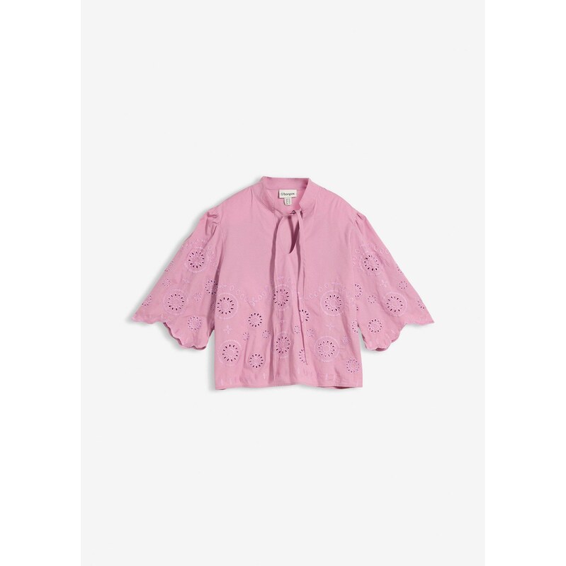 bonprix Tuniková blúzka, krátka, s dierkovanou výšivkou, farba ružová 67900025