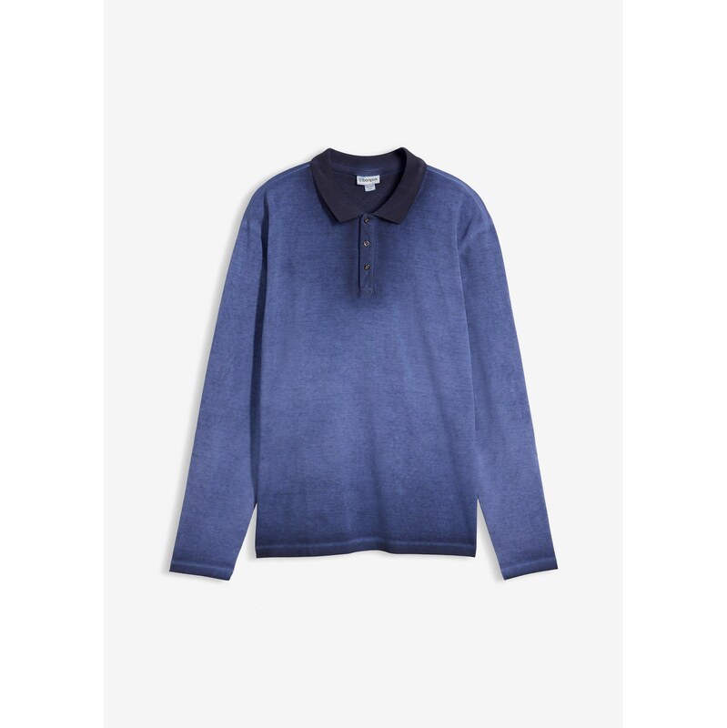 bonprix Polo tričko piké, dlhý rukáv, vyšúchaný vzhľad, farba modrá 67879770
