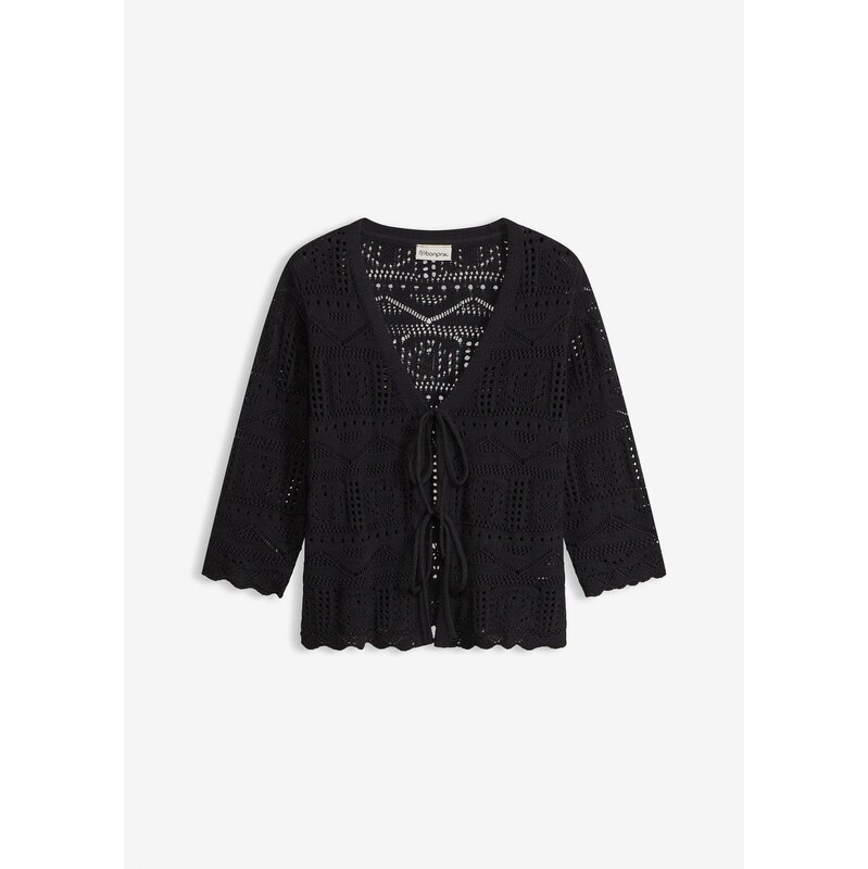 bonprix Ažúrový pletený sveter na zaviazanie, farba čierna 67879853