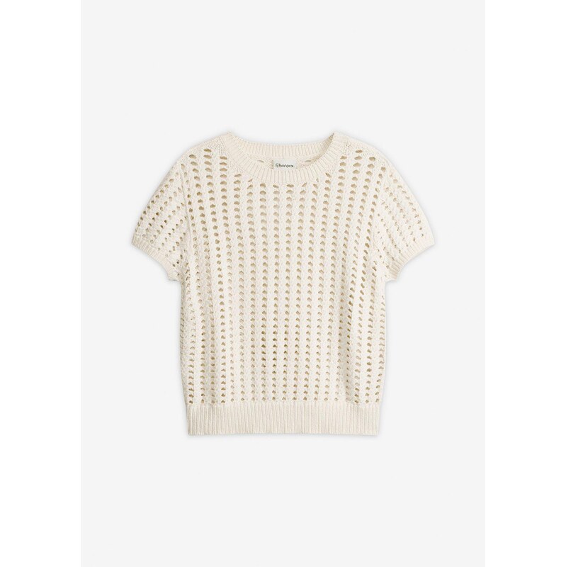 bonprix Ažúrový pulóver s krátkym rukávom, farba biela 67879887
