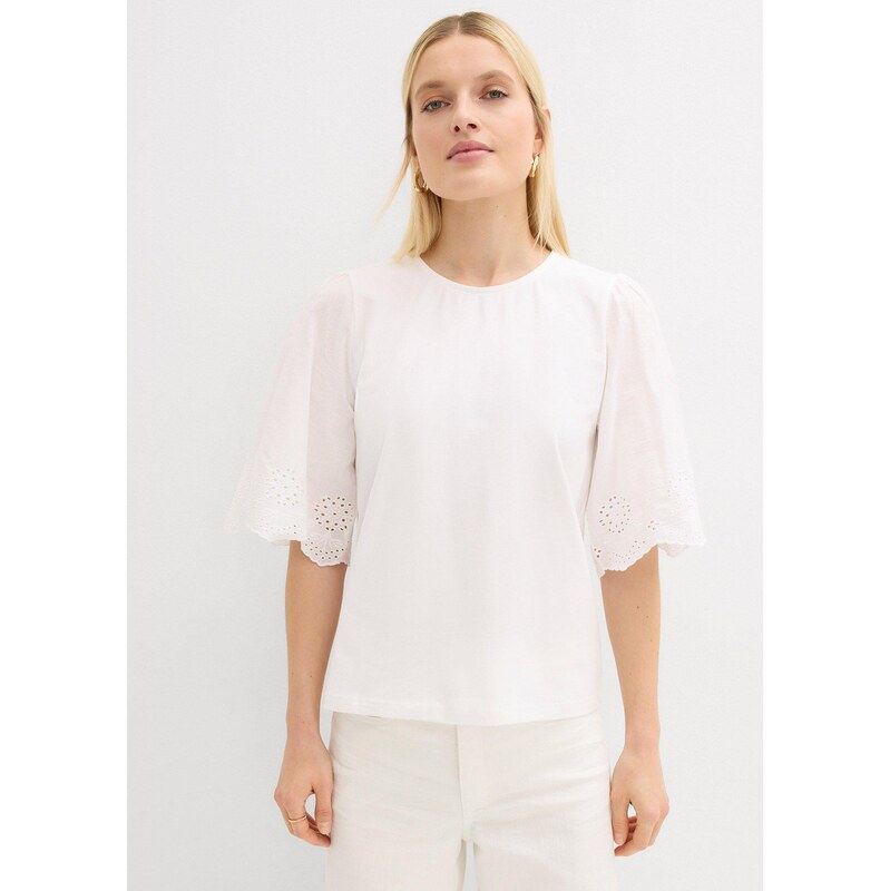bonprix Tričko s dierkovanou výšivkou, farba biela 67879683