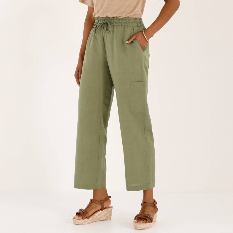 Široké skrátené nohavice zo zmesi bavlny a ľanu s vreckami khaki 054 67891423