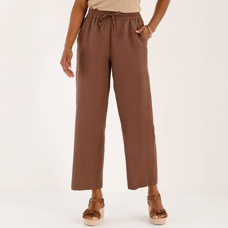 Široké skrátené nohavice zo zmesi bavlny a ľanu s vreckami gaštanová 67891424