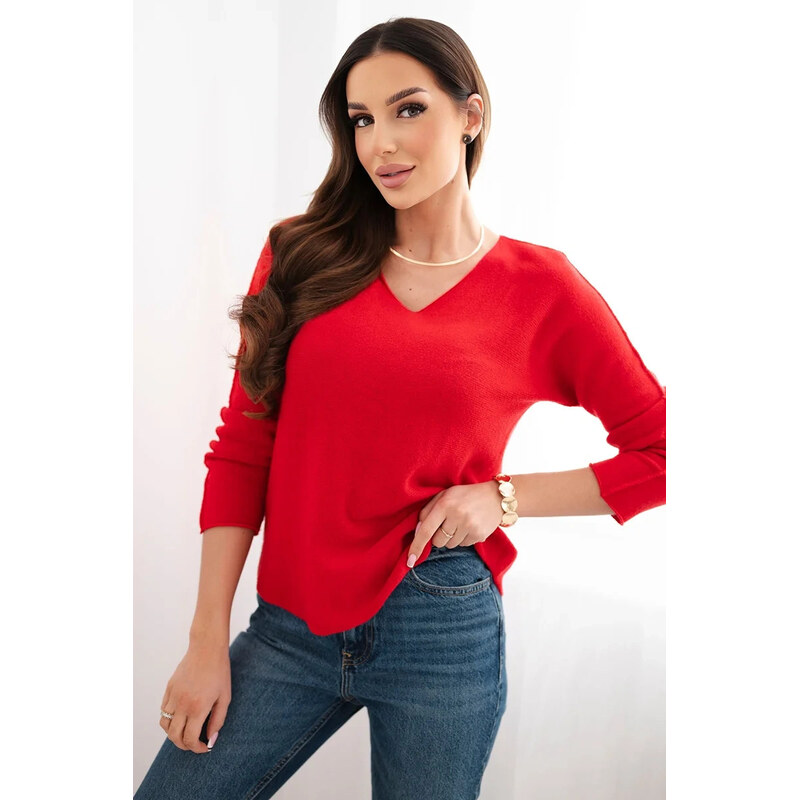K-Fashion Dámsky viskózový sveter s výstrihom do V červený 67797175