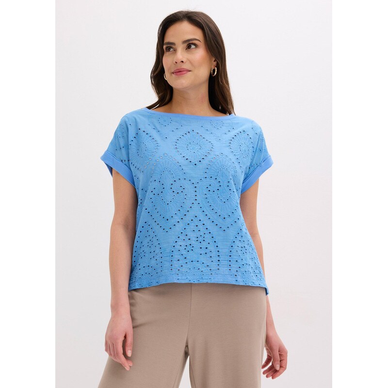 bonprix Tričko s dierkovanou čipkou, farba modrá 67879570