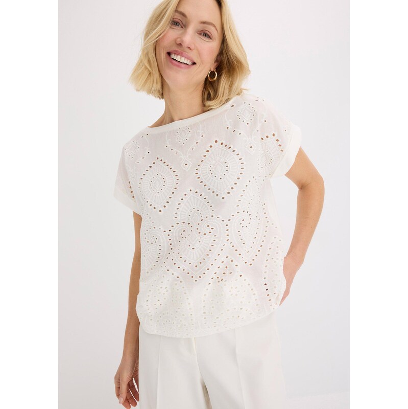bonprix Tričko s dierkovanou čipkou, farba biela 63704207