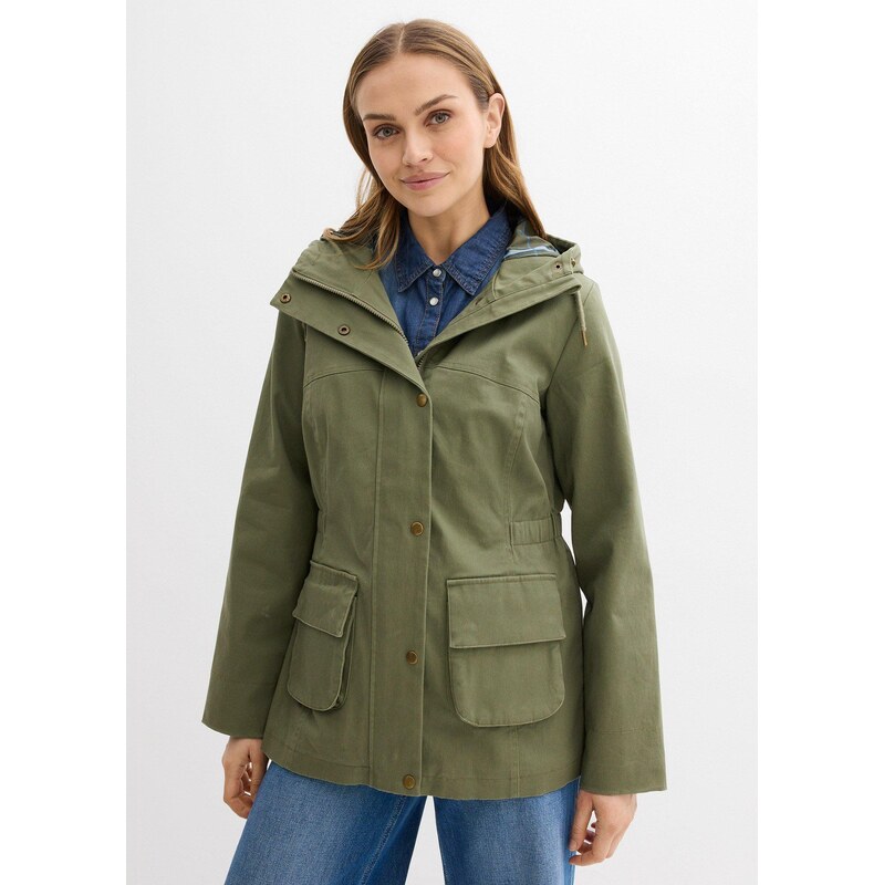 bonprix Bunda, odpudzujúca vodu, s károvanou podšívkou, farba zelená 67901069