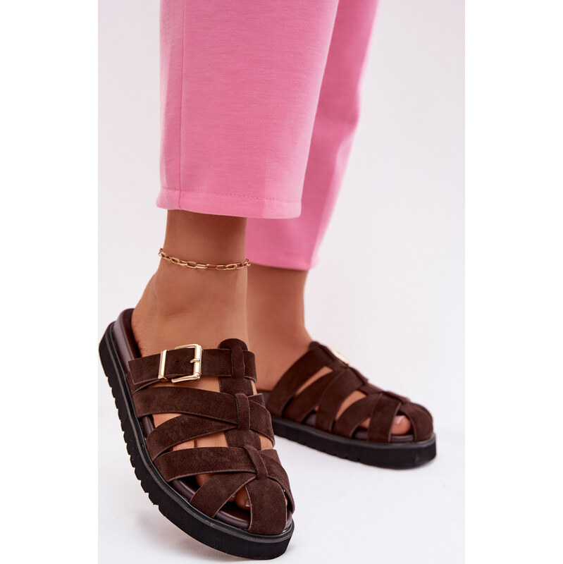 Kesi Dámske šľapky s opaskami a zlatou prackou Roselisse hnedé 67901864