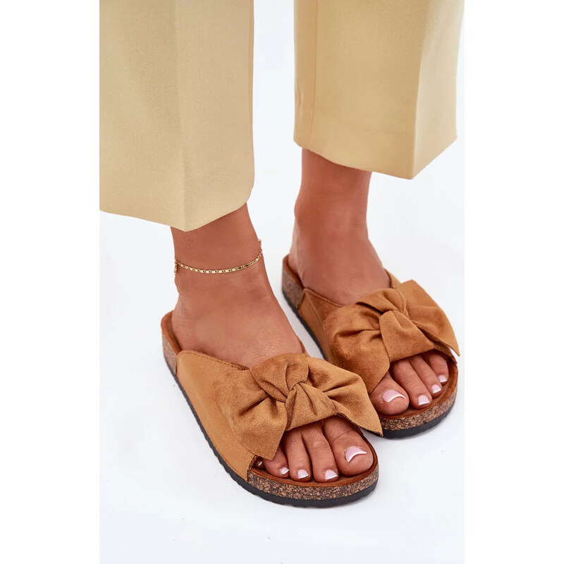 Kesi Dámske šľapky na korkovej podošve s mašľou – camel 67901951