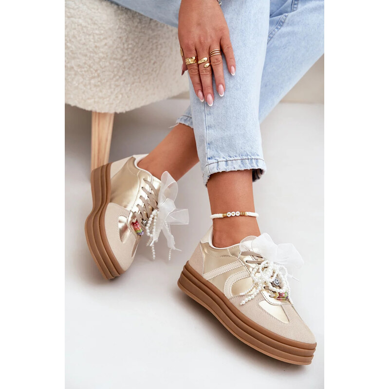 Kesi Béžovo-zlaté dámske tenisky na platforme s ozdobami Vinness 67901969