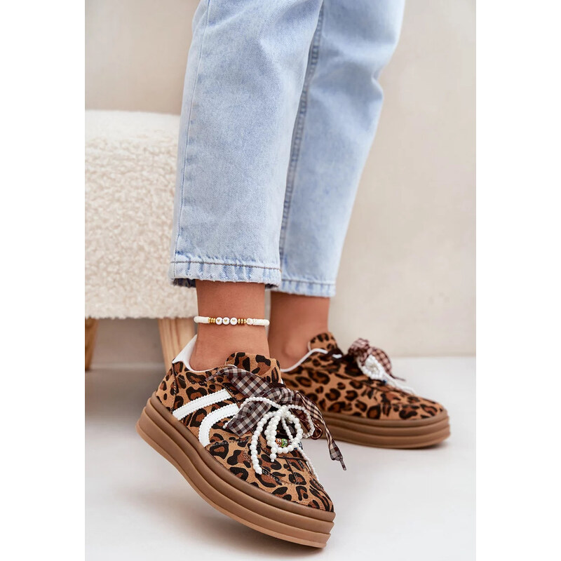 Kesi Hnedé dámske tenisky s panterím vzorom na platforme s ozdobami 67902124