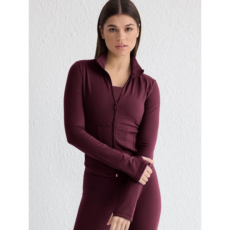 Trendyol Športová mikina so zipsom burgundská 67906369