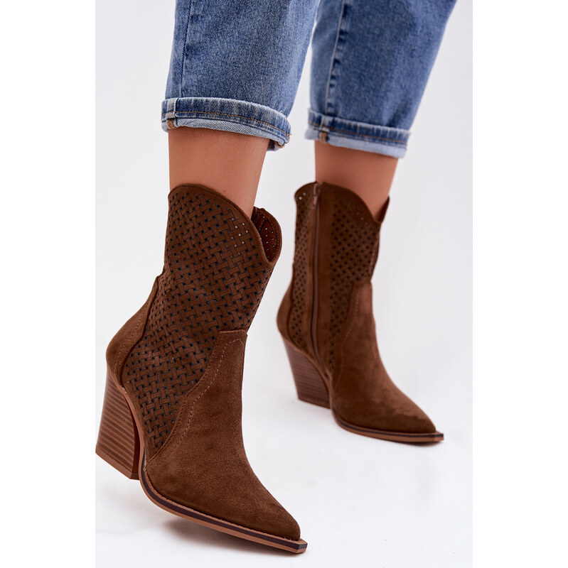 Kesi Hnedé dámske perforované členkové topánky na stĺpikovom podpätku 67925181