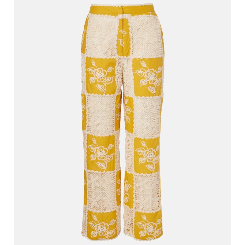 Farm Rio Lace-trimmed cotton straight pants 68036059