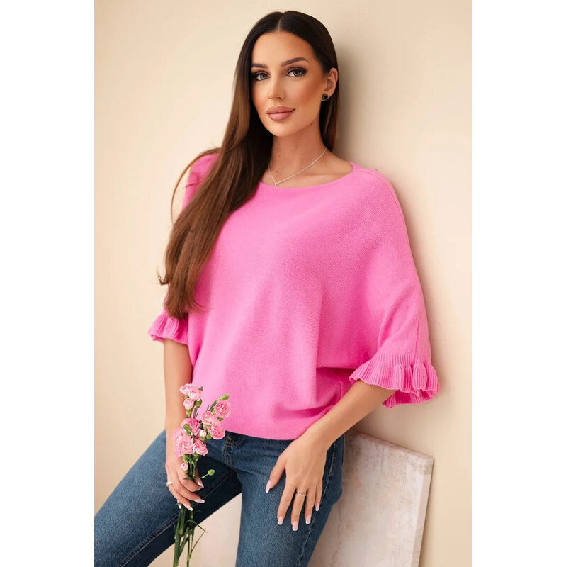 K-Fashion Dámsky netopierí sveter s okrúhlym výstrihom ružovej farby 68164249