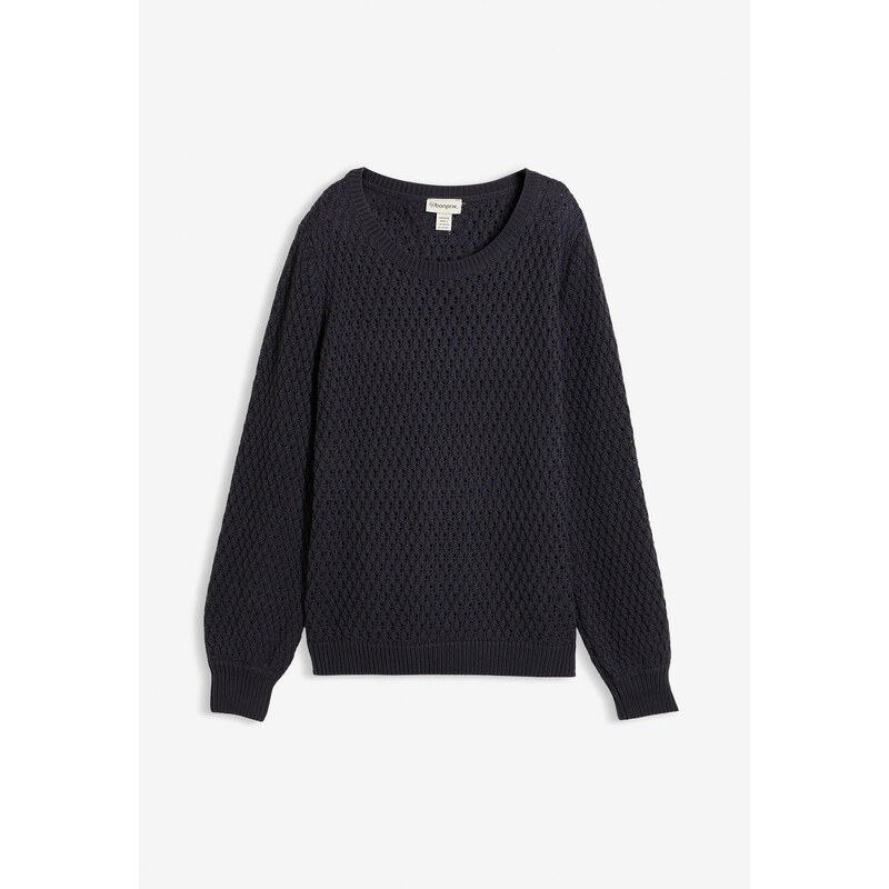 bonprix Pulóver s pletenou štruktúrou, z bavlneného mixu, farba modrá 47928417
