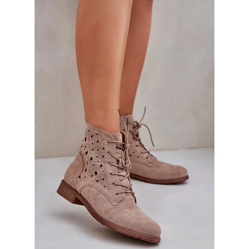 Kesi Béžové dámske šnurovacie členkové topánky s perforovaným vzorom S 68223061