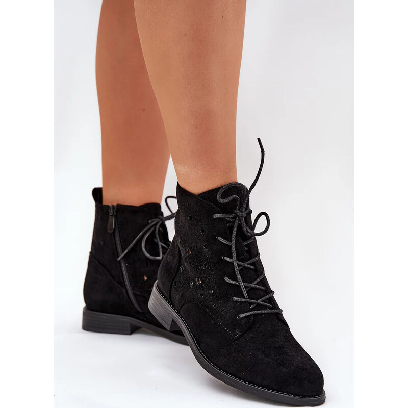 Kesi Čierne dámske šnurovacie členkové topánky s perforovaným vzorom S 68223063